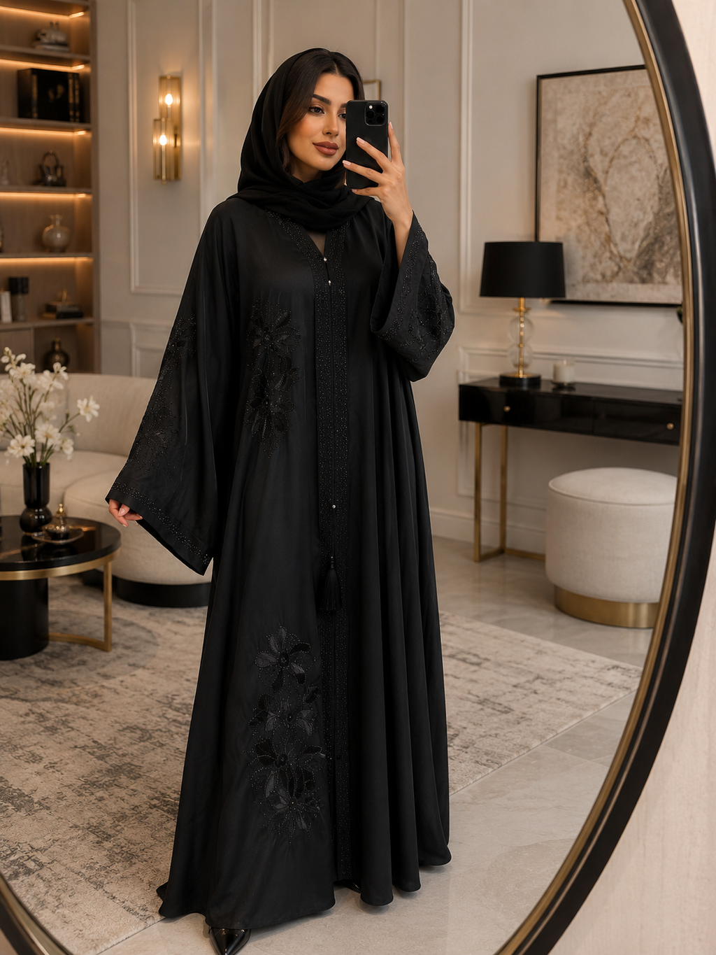 Floral Bloom Embellished Black Abaya