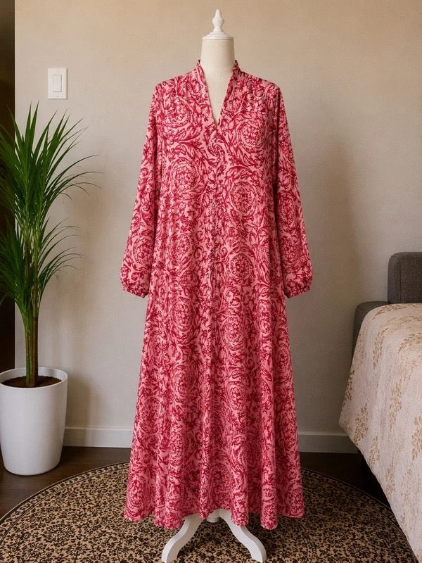 Crimson Damask Print Abaya