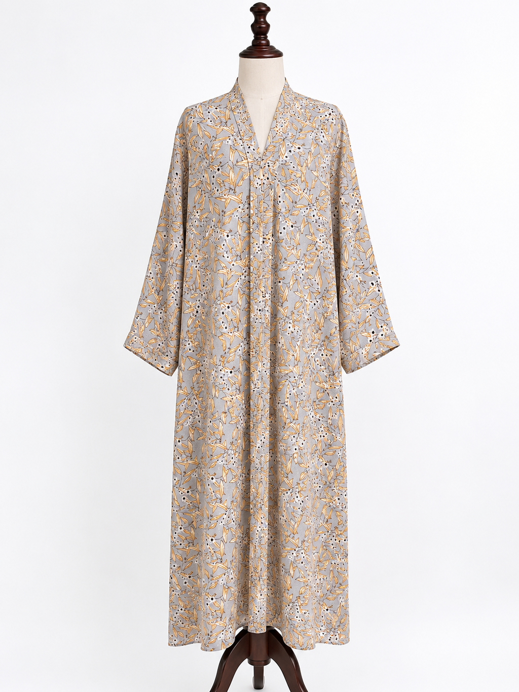 Floral Print Open Front Abaya – Light Grey