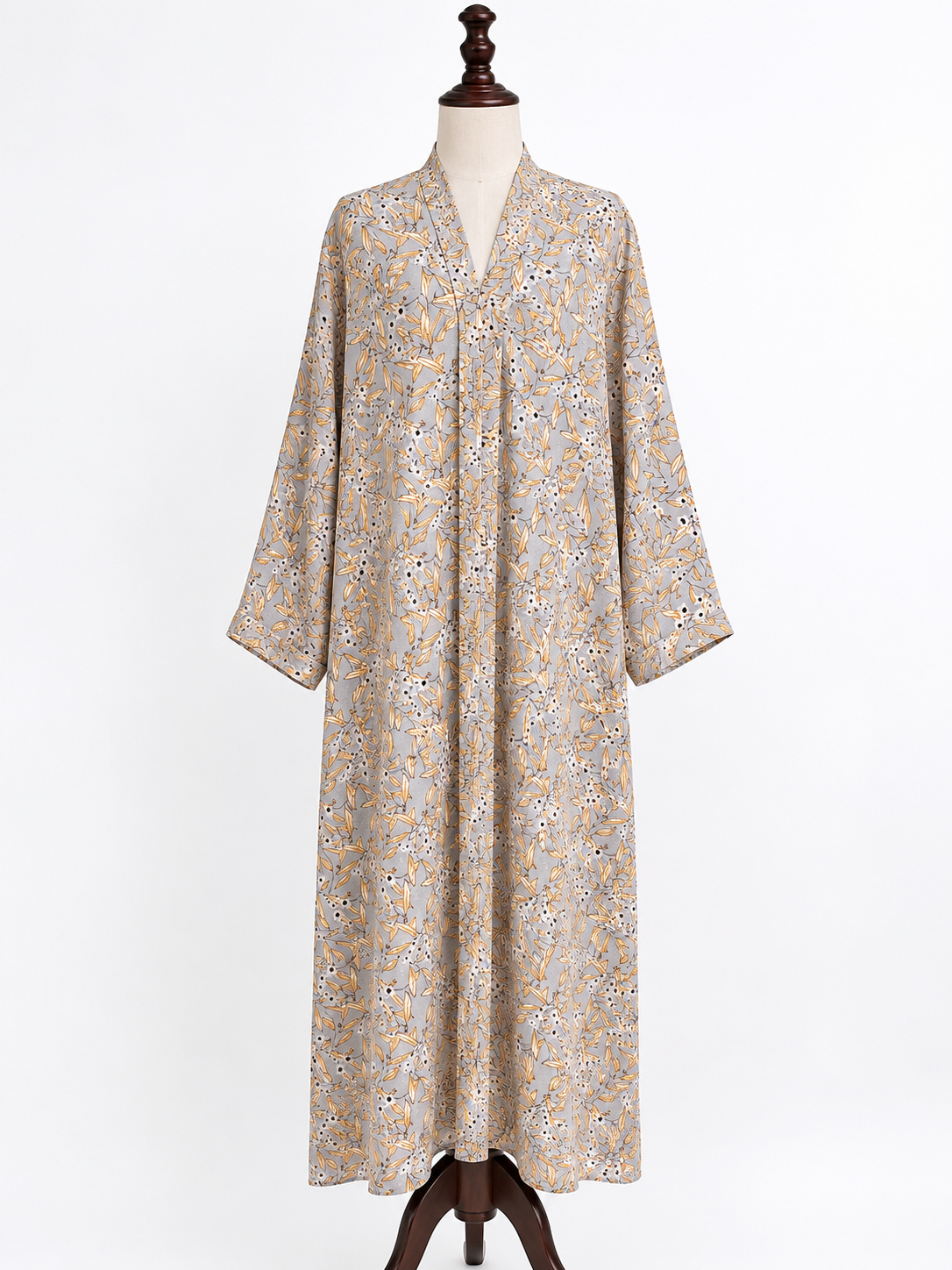 Floral Print Open Front Abaya – Light Grey