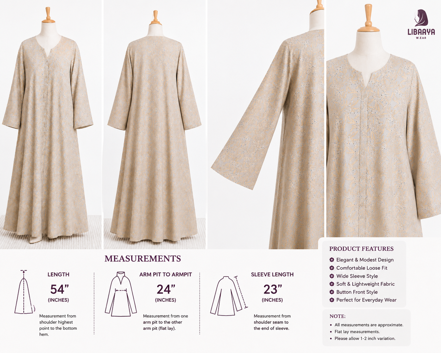 Cream Printed Button Front Abaya