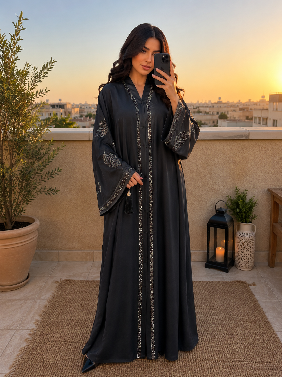 Celestial Leaf-Embellished Black Abaya