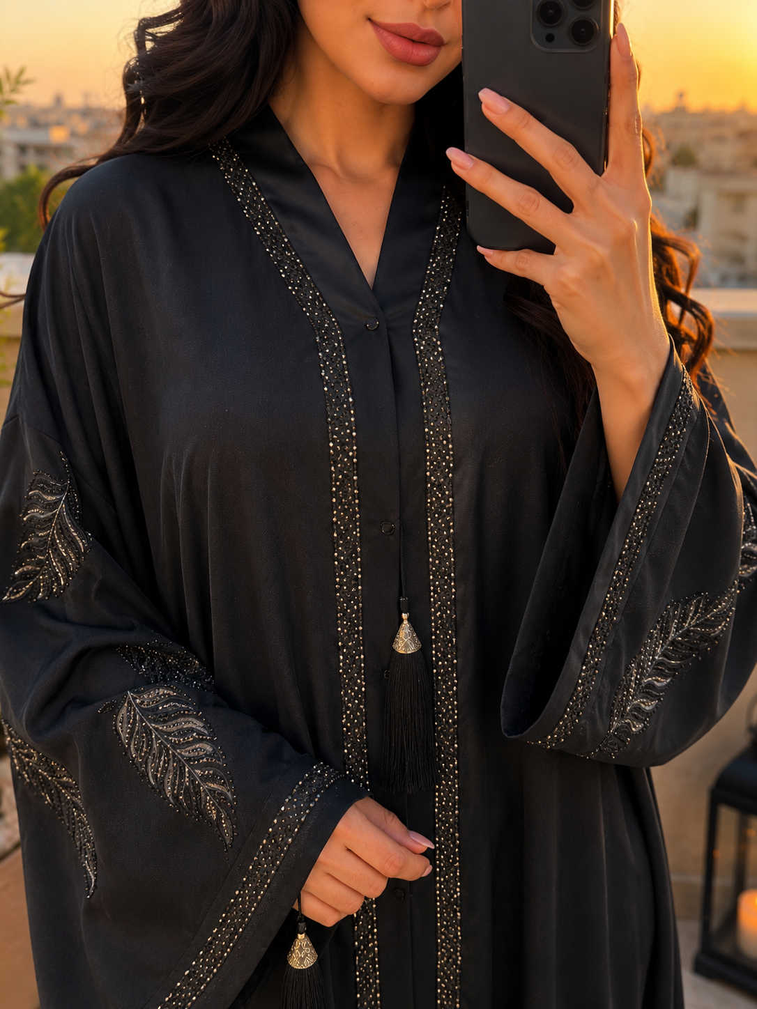 Celestial Leaf-Embellished Black Abaya
