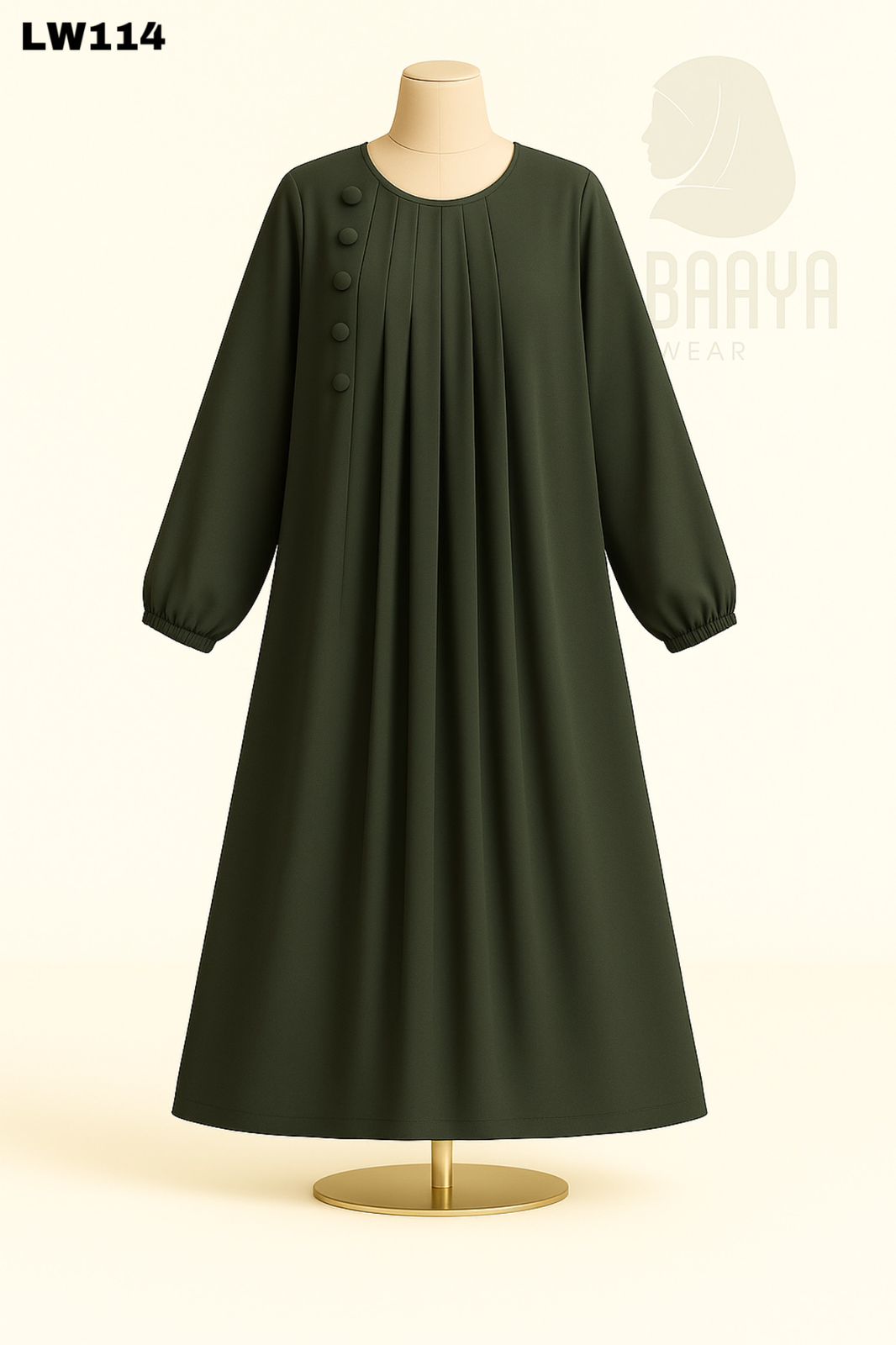 Olive Pleated Button Abaya