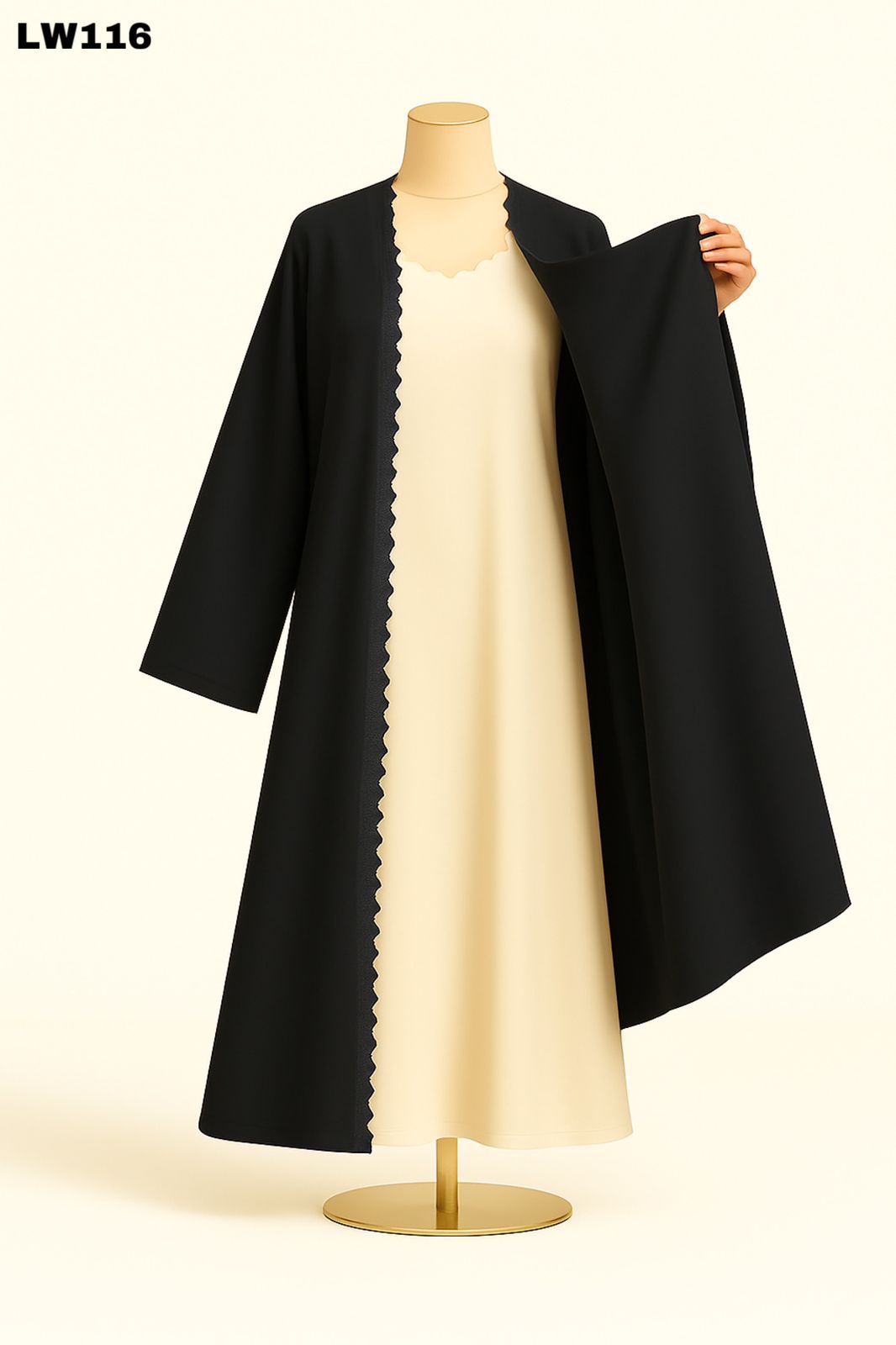 Scallop Trim Front Open Abaya Set – Black & Cream