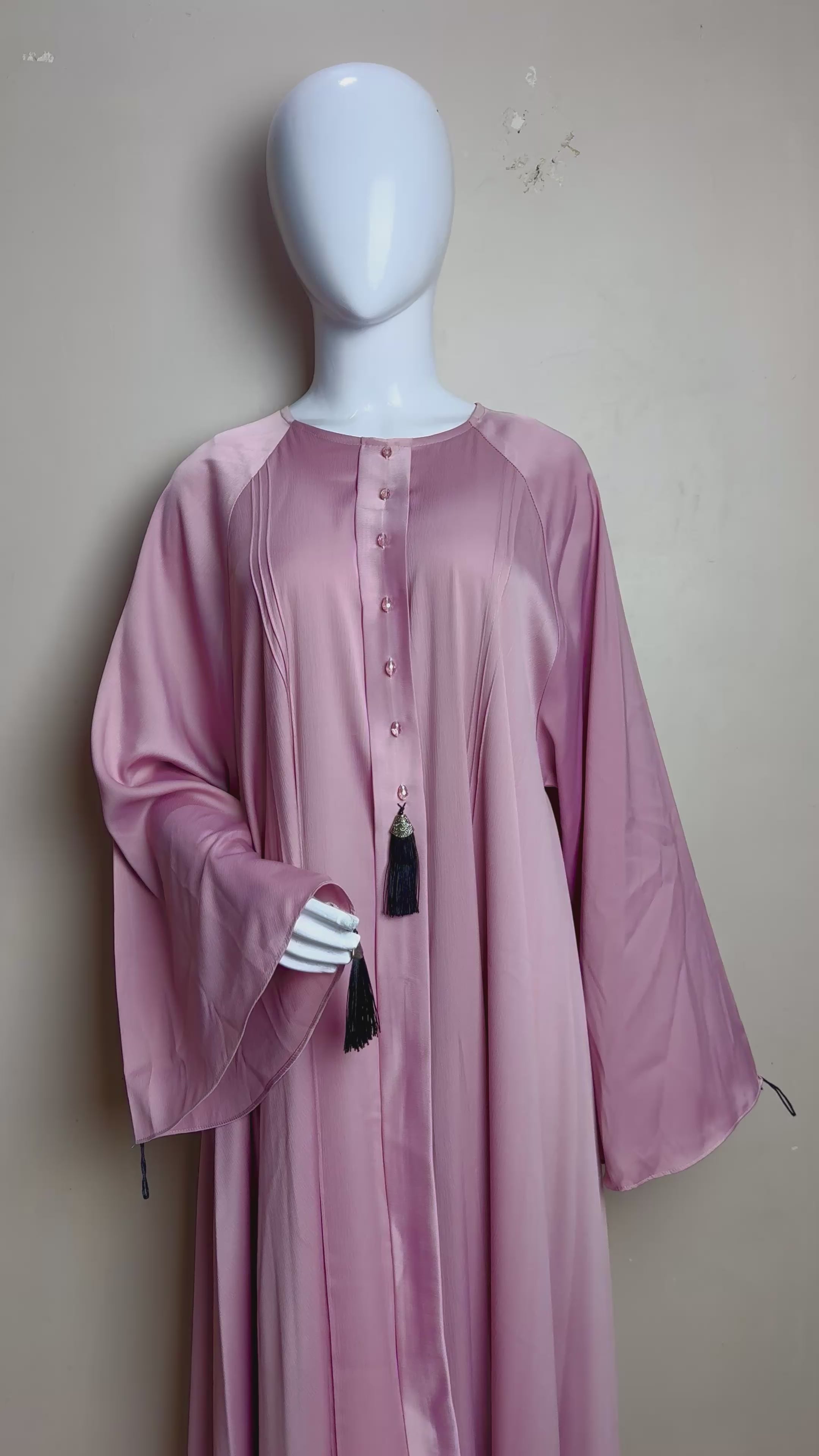Pleated Pastel Pink Abaya with Tassel Accents